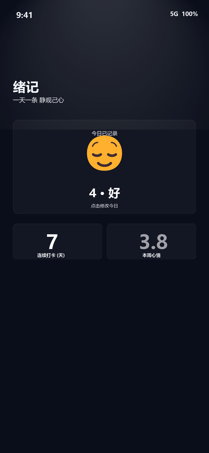 主屏 今日已记录 + streak + 周均值